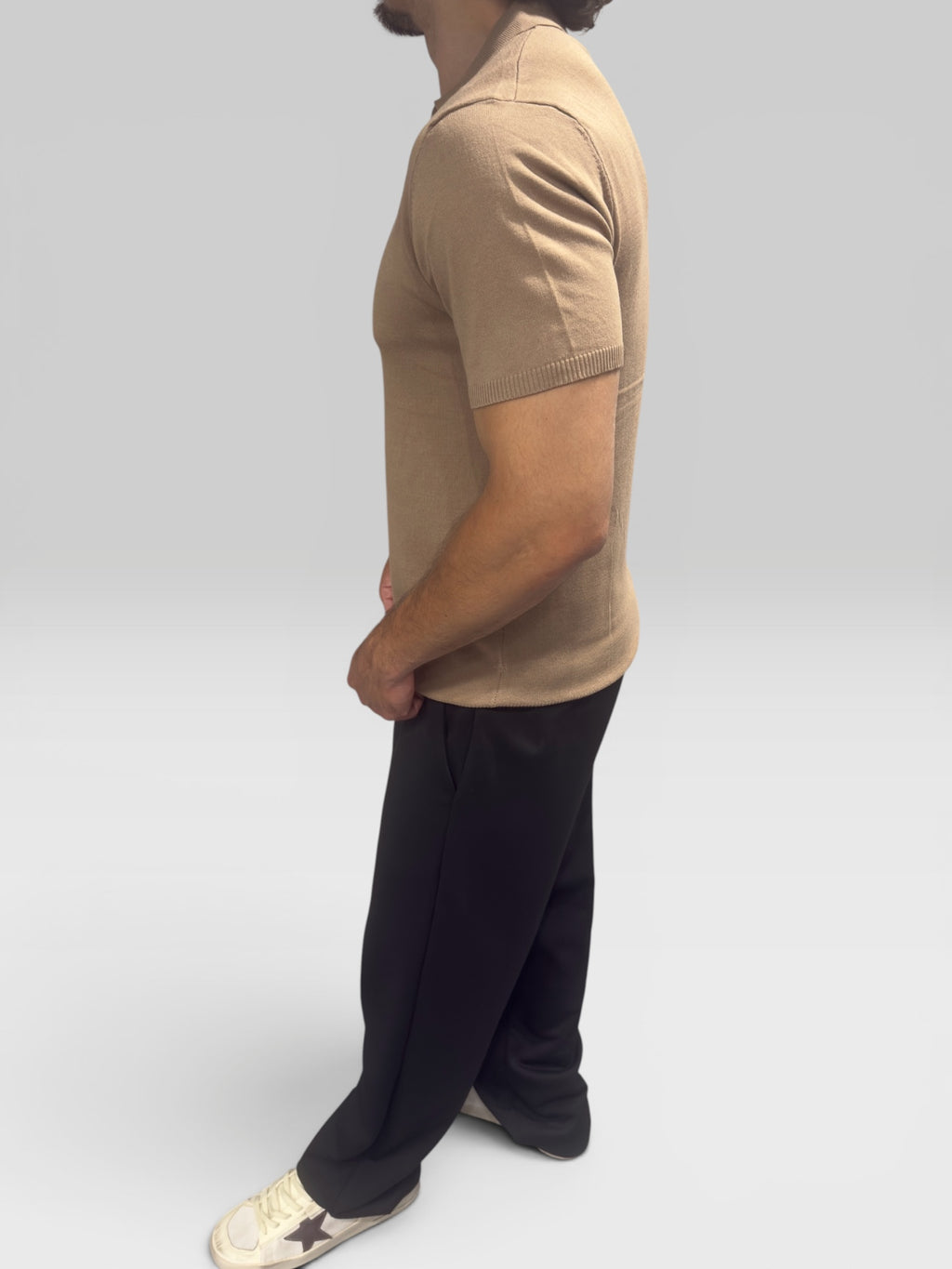 BEIGE COTTON KNIT POLO SHIRT
